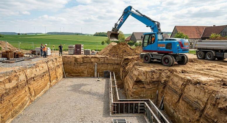 Professioneller Baugrubenaushub und Erdbewegung durch einen Kettenbagger