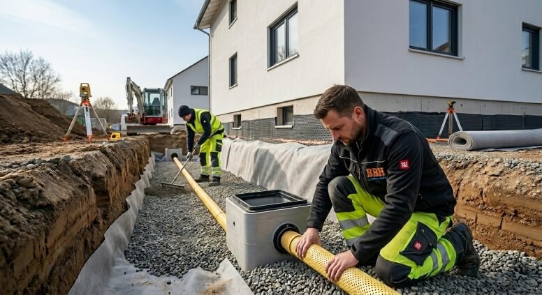 Funktionale Drainage und zuverlässiger Gebäudeschutz an einer freigelegten Hauswand
