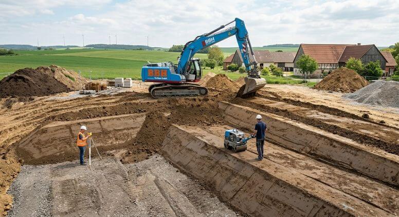 Geländemodellierung und Rodungsarbeiten auf einer Baustelle in Thüringen