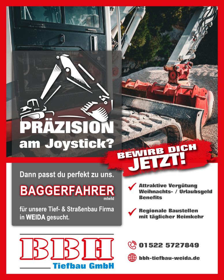 Stellenanzeige fĂĽr Baggerfahrer und Maschinisten im Raum Weida