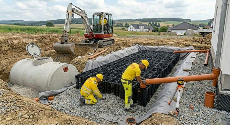 Einbau einer professionellen Regenwasser-Versickerungsanlage mit Rigolen im Erdreich